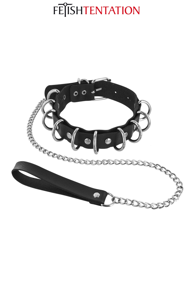 Collier BDSM à anneaux & laisse